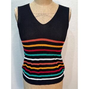 Fatefull Women ‎ Black Small Knit Top Sleeveless Striped V Neck Semi Sheer NWOT